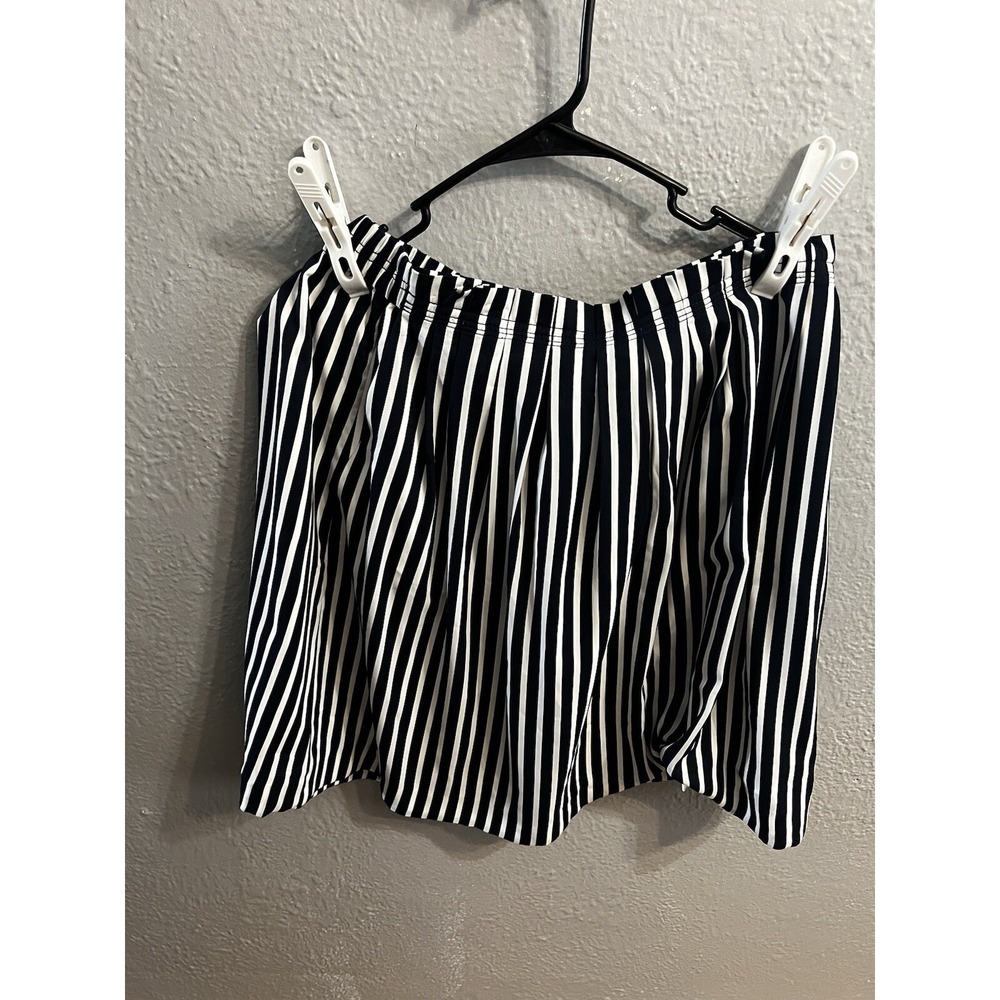 J Crew Size 14 Black White Striped Pleated Knee Length Flowy Skirt Womens‎